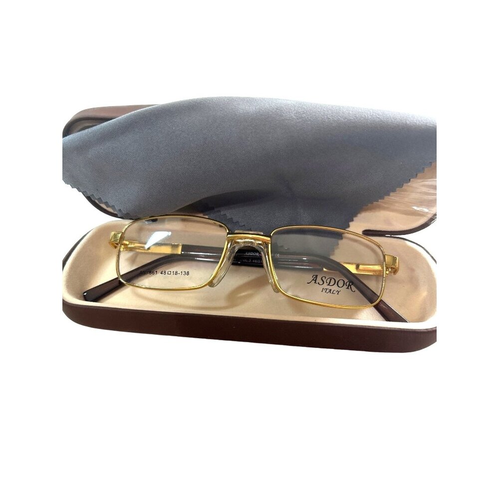 CE Mens Eyeglass Frames Wire Gold Asdor Italy Case Brown Cleaning Cloth New